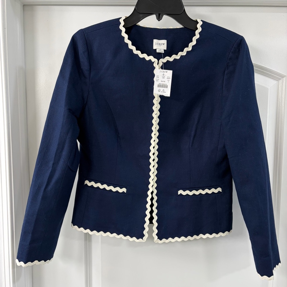 J. CREW Women's Navy Blue and White Rickrack Trim Blazer Jacket NWT Size 2